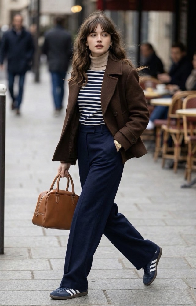 Woman walking in a brown coat, striped top and navy trousers